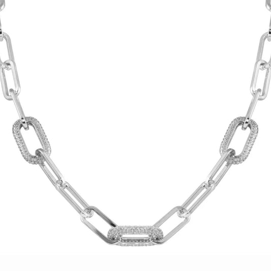 Cadena plateada paperclip white pave link